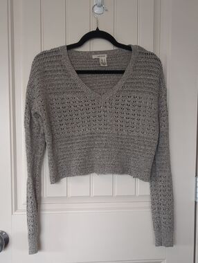 DKNY Gray Open-Knit V-Neck Cropped Sweater